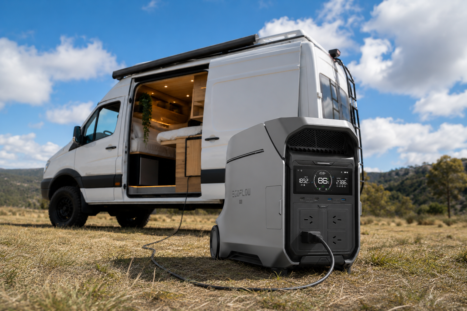 EcoFlow portable power station powering a camper van